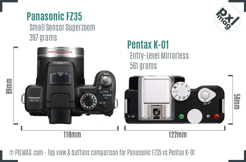 Panasonic FZ35 vs Pentax K-01 top view buttons comparison
