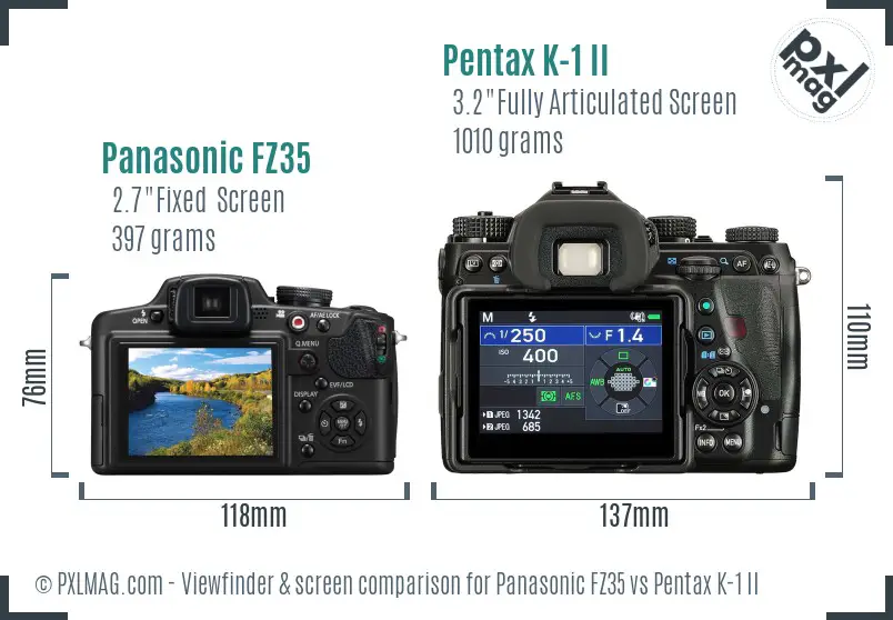 Panasonic FZ35 vs Pentax K-1 II Screen and Viewfinder comparison