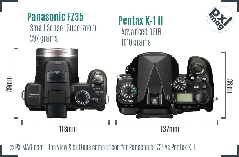Panasonic FZ35 vs Pentax K-1 II top view buttons comparison