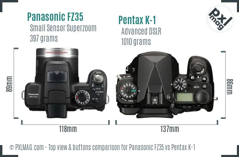 Panasonic FZ35 vs Pentax K-1 top view buttons comparison