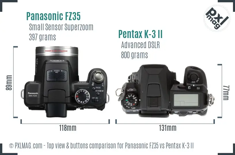 Panasonic FZ35 vs Pentax K-3 II top view buttons comparison