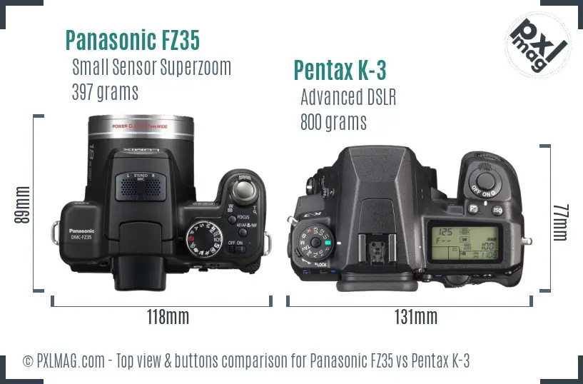 Panasonic FZ35 vs Pentax K-3 top view buttons comparison