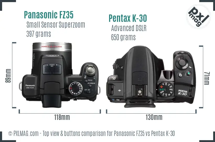 Panasonic FZ35 vs Pentax K-30 top view buttons comparison