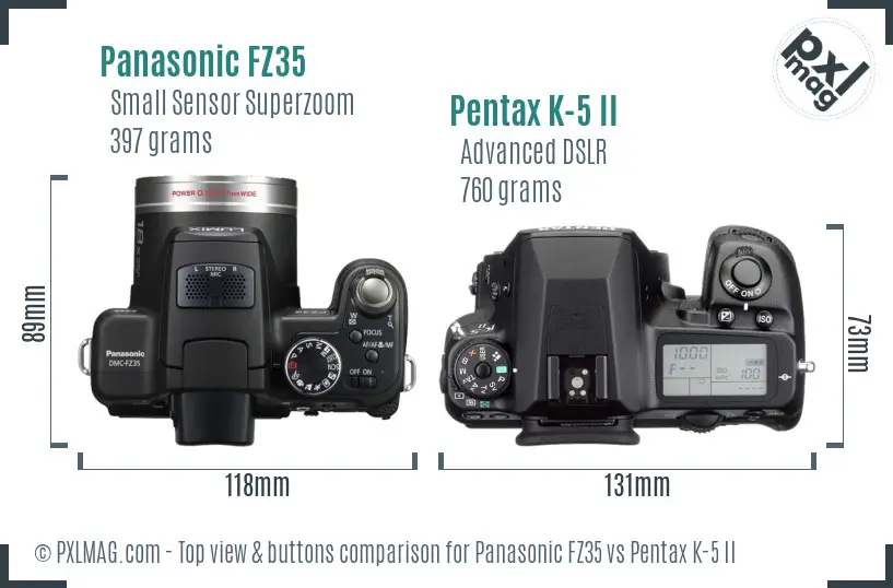 Panasonic FZ35 vs Pentax K-5 II top view buttons comparison