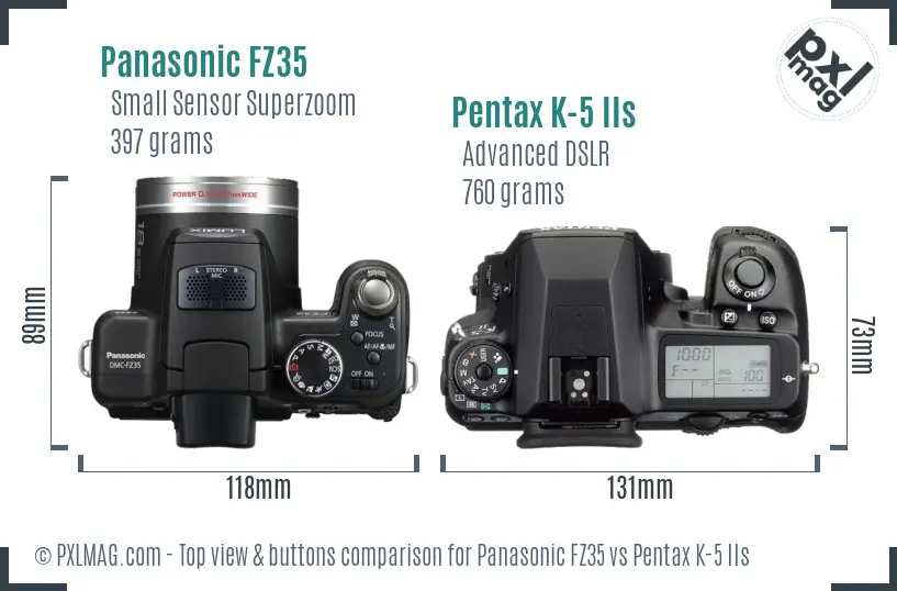 Panasonic FZ35 vs Pentax K-5 IIs top view buttons comparison