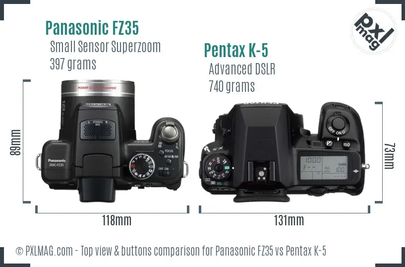 Panasonic FZ35 vs Pentax K-5 top view buttons comparison
