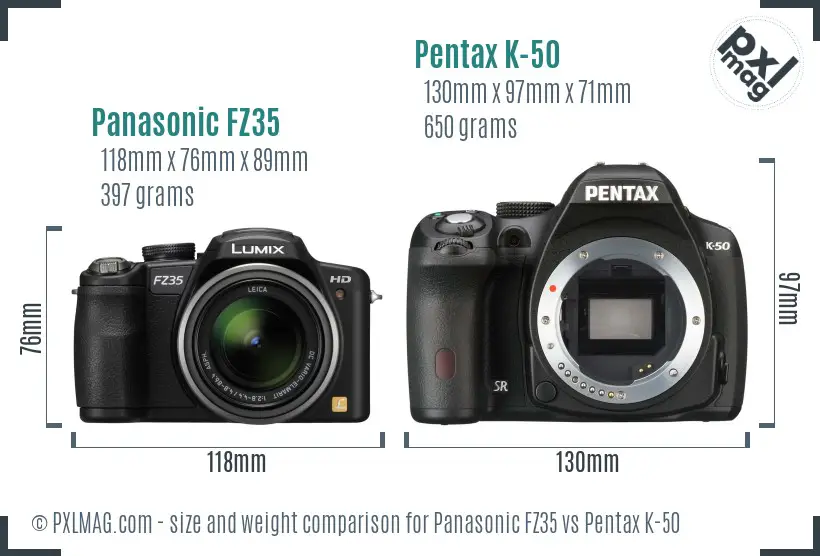 Panasonic FZ35 vs Pentax K-50 size comparison