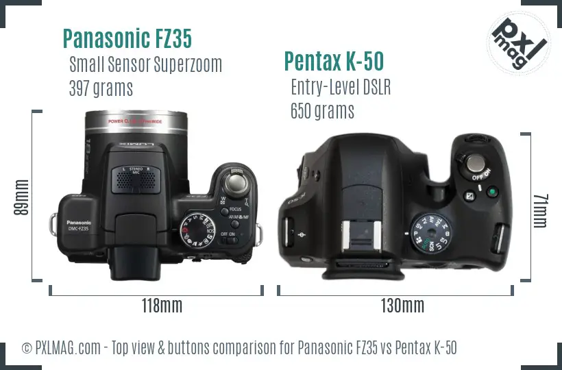 Panasonic FZ35 vs Pentax K-50 top view buttons comparison
