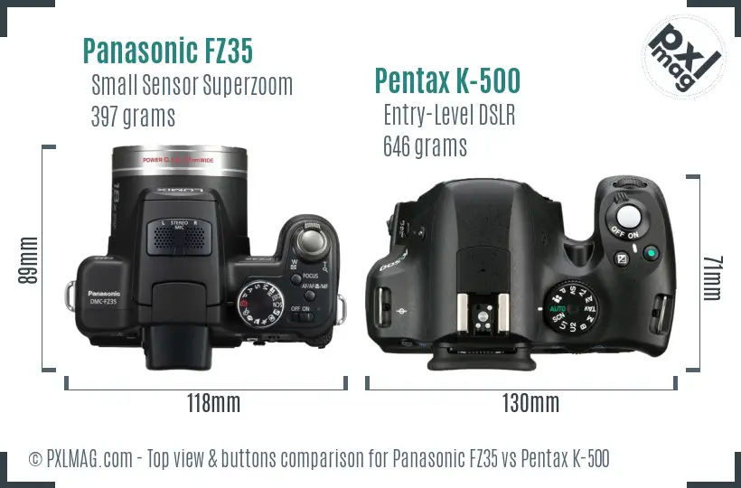 Panasonic FZ35 vs Pentax K-500 top view buttons comparison