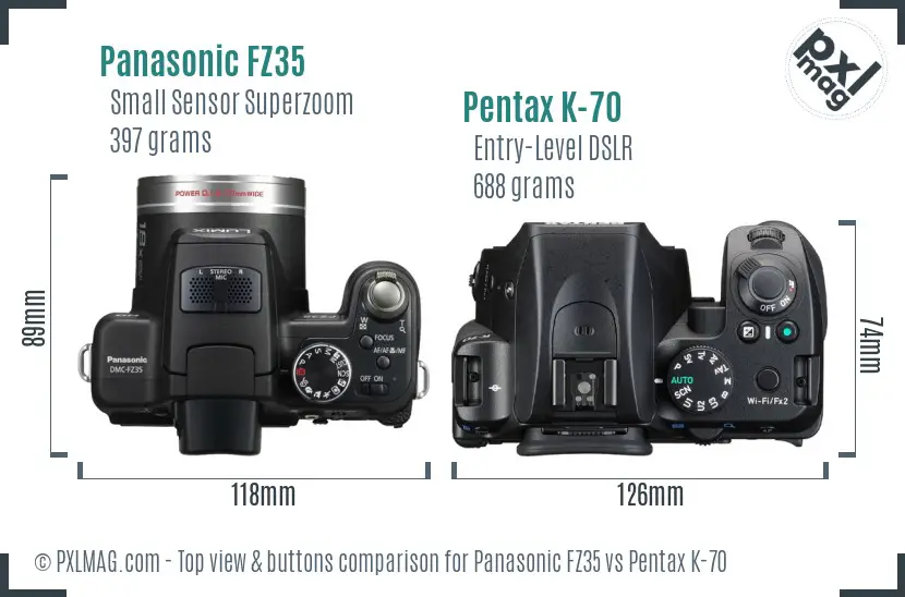 Panasonic FZ35 vs Pentax K-70 top view buttons comparison