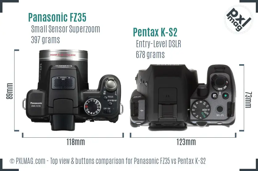 Panasonic FZ35 vs Pentax K-S2 top view buttons comparison
