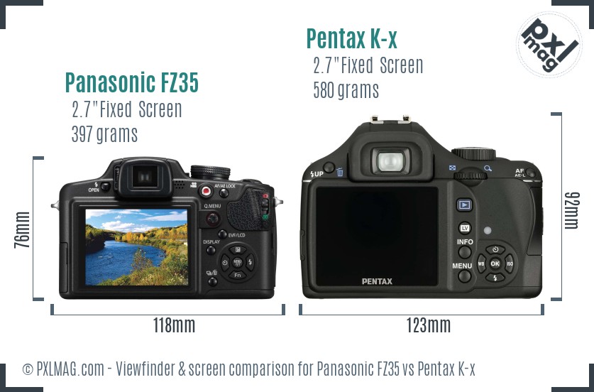 Panasonic FZ35 vs Pentax K-x Screen and Viewfinder comparison