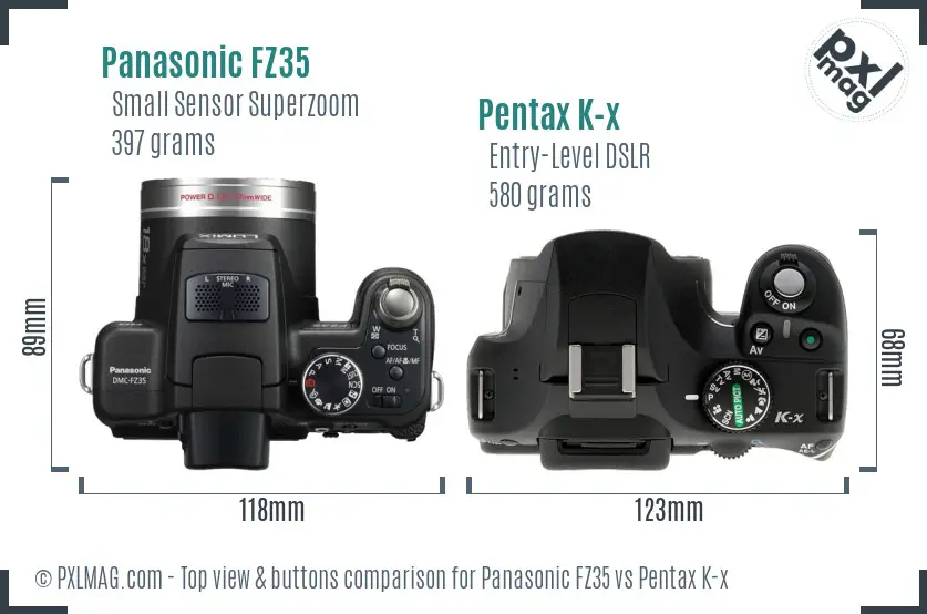 Panasonic FZ35 vs Pentax K-x top view buttons comparison