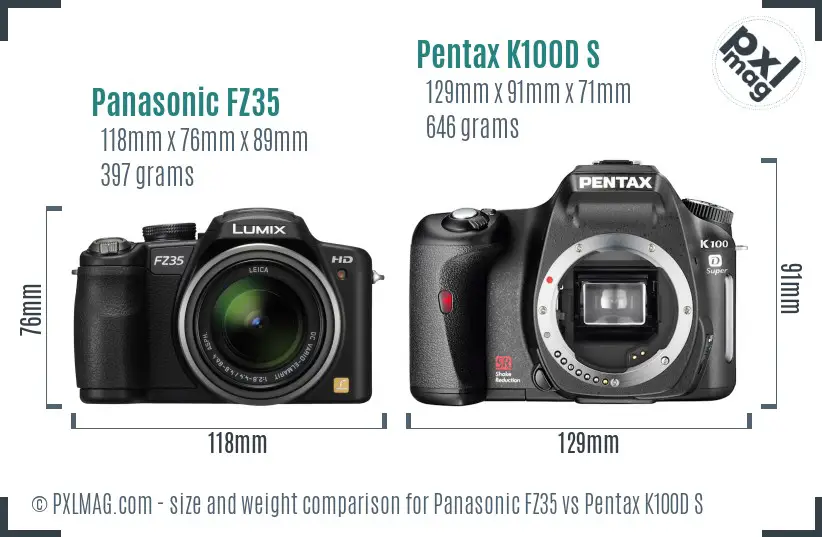 Panasonic FZ35 vs Pentax K100D S size comparison