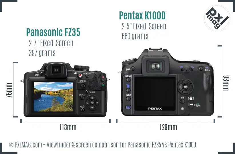 Panasonic FZ35 vs Pentax K100D Screen and Viewfinder comparison