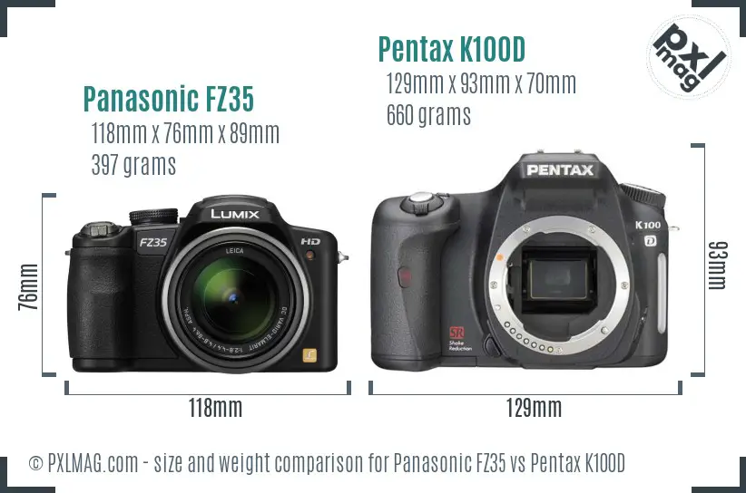 Panasonic FZ35 vs Pentax K100D size comparison