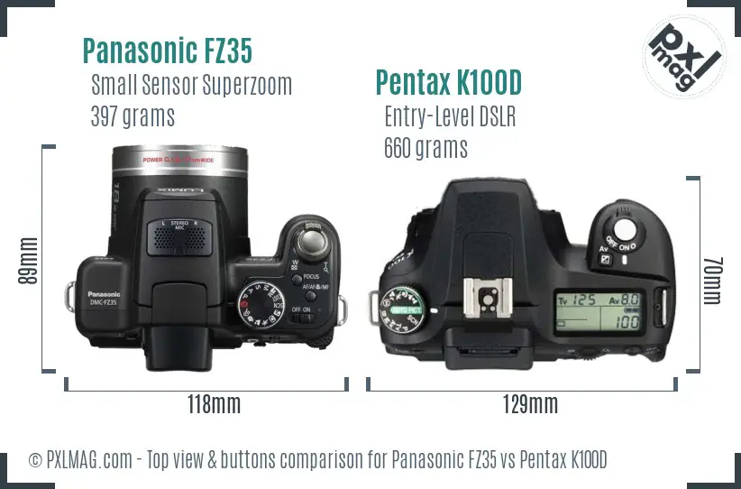 Panasonic FZ35 vs Pentax K100D top view buttons comparison