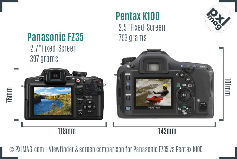 Panasonic FZ35 vs Pentax K10D Screen and Viewfinder comparison