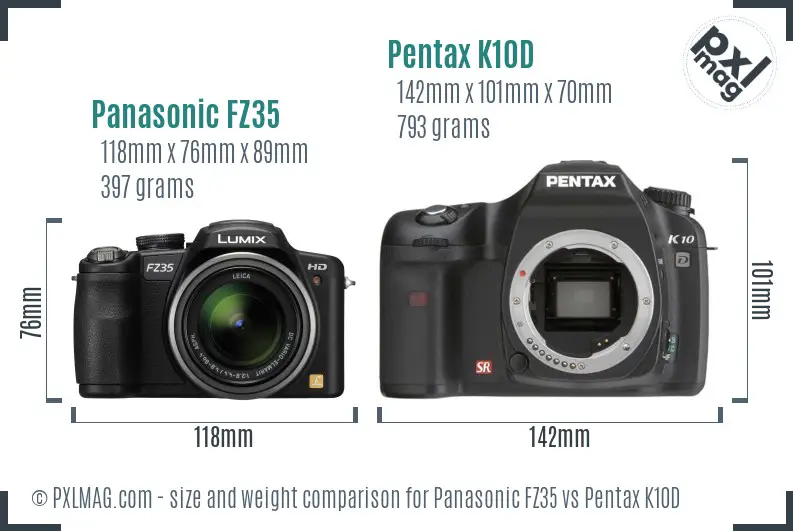Panasonic FZ35 vs Pentax K10D size comparison