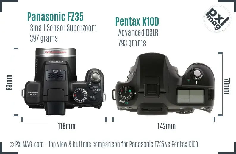 Panasonic FZ35 vs Pentax K10D top view buttons comparison