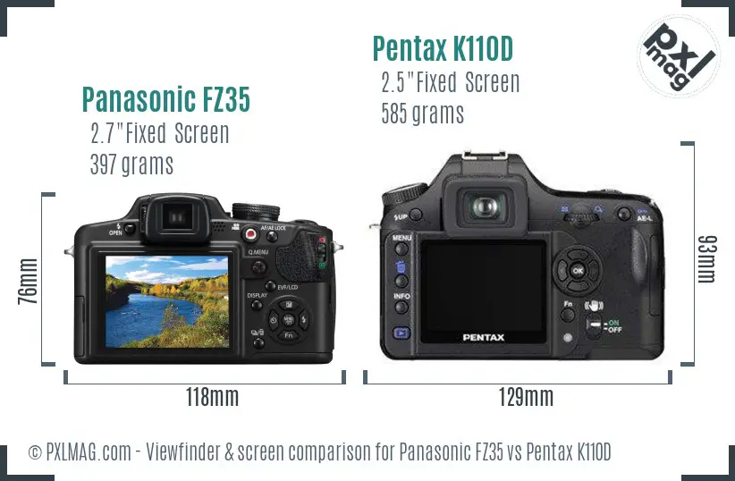 Panasonic FZ35 vs Pentax K110D Screen and Viewfinder comparison