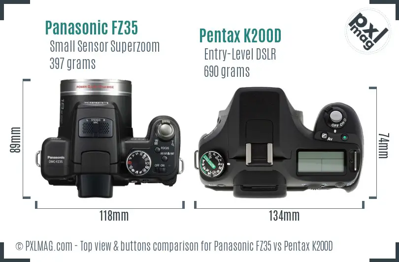 Panasonic FZ35 vs Pentax K200D top view buttons comparison