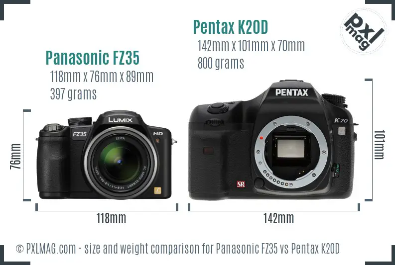 Panasonic FZ35 vs Pentax K20D size comparison