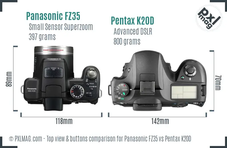 Panasonic FZ35 vs Pentax K20D top view buttons comparison