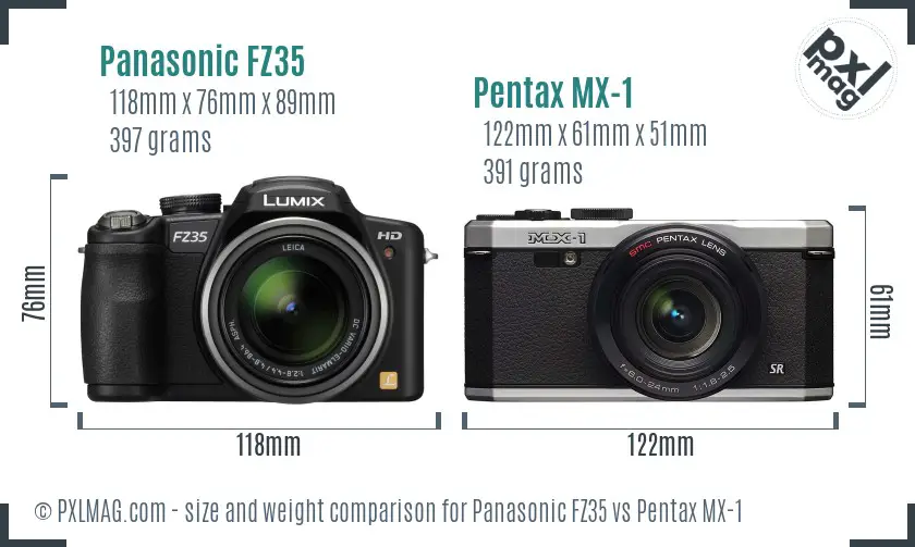 Panasonic FZ35 vs Pentax MX-1 size comparison