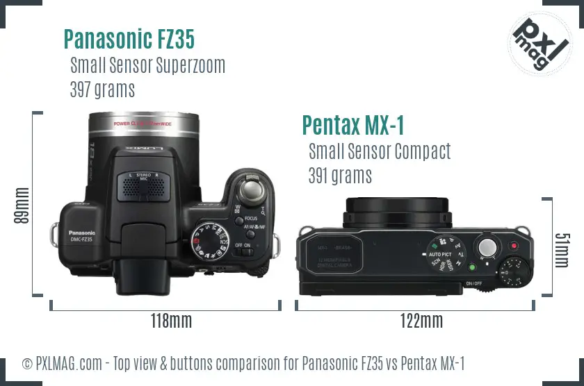 Panasonic FZ35 vs Pentax MX-1 top view buttons comparison