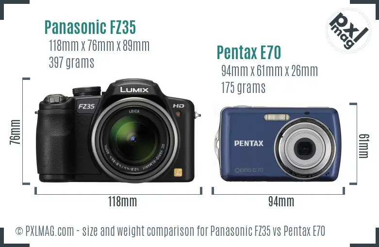 Panasonic FZ35 vs Pentax E70 size comparison