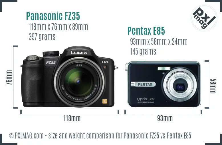 Panasonic FZ35 vs Pentax E85 size comparison