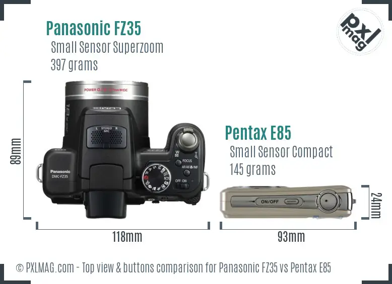 Panasonic FZ35 vs Pentax E85 top view buttons comparison