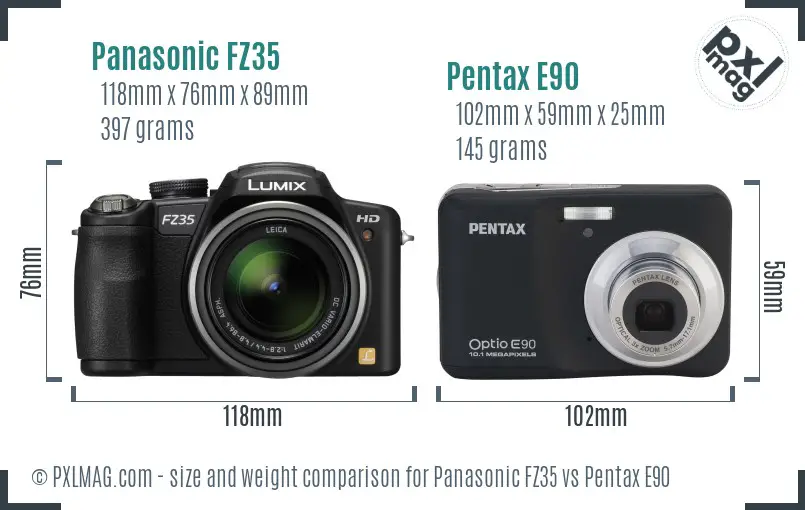 Panasonic FZ35 vs Pentax E90 size comparison