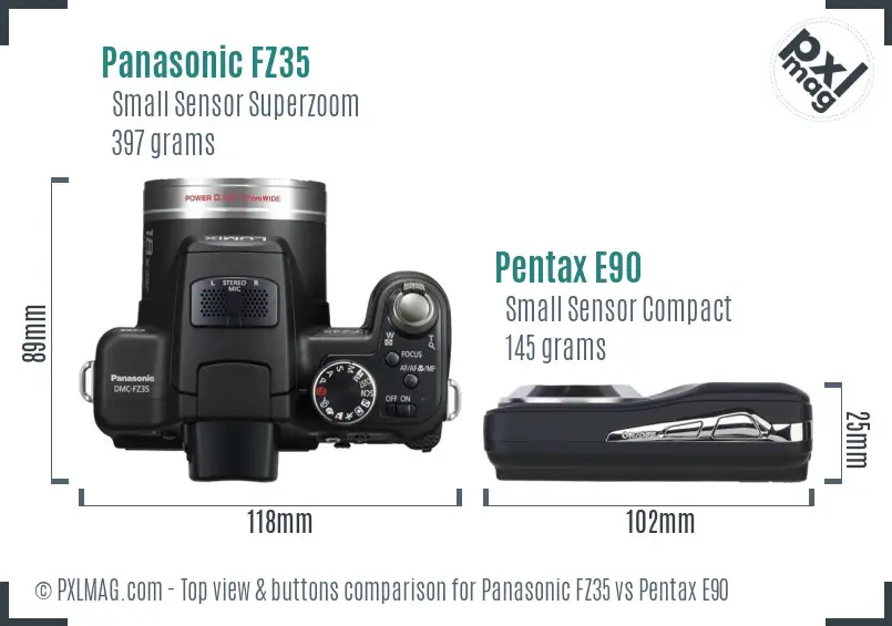 Panasonic FZ35 vs Pentax E90 top view buttons comparison