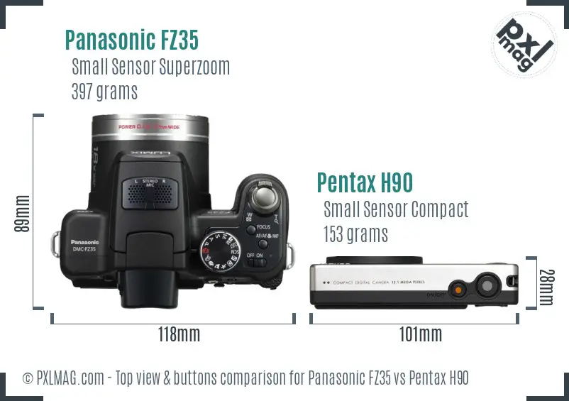 Panasonic FZ35 vs Pentax H90 top view buttons comparison