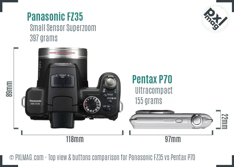 Panasonic FZ35 vs Pentax P70 top view buttons comparison