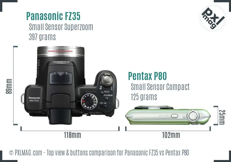 Panasonic FZ35 vs Pentax P80 top view buttons comparison