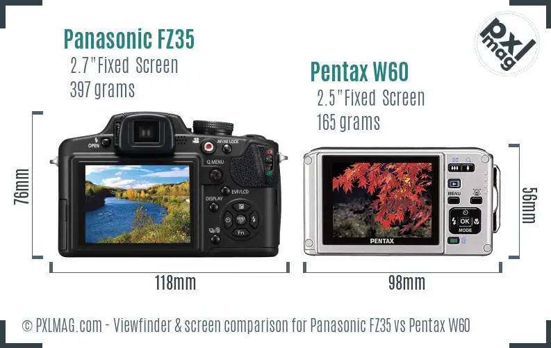 Panasonic FZ35 vs Pentax W60 Screen and Viewfinder comparison
