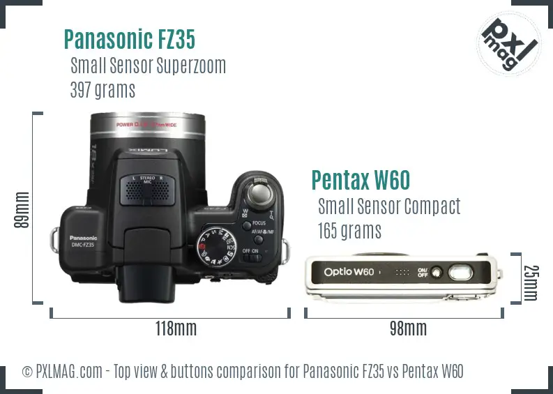 Panasonic FZ35 vs Pentax W60 top view buttons comparison