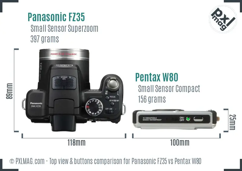 Panasonic FZ35 vs Pentax W80 top view buttons comparison