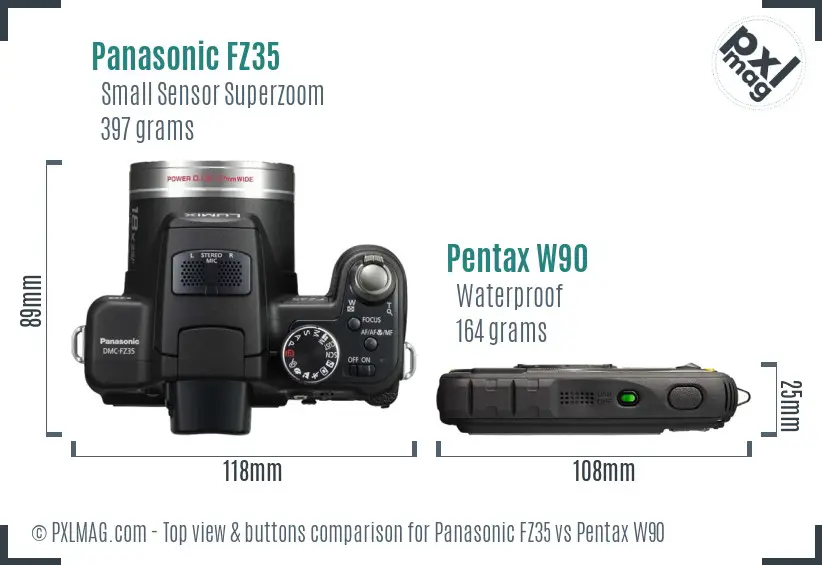 Panasonic FZ35 vs Pentax W90 top view buttons comparison