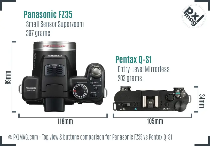 Panasonic FZ35 vs Pentax Q-S1 top view buttons comparison