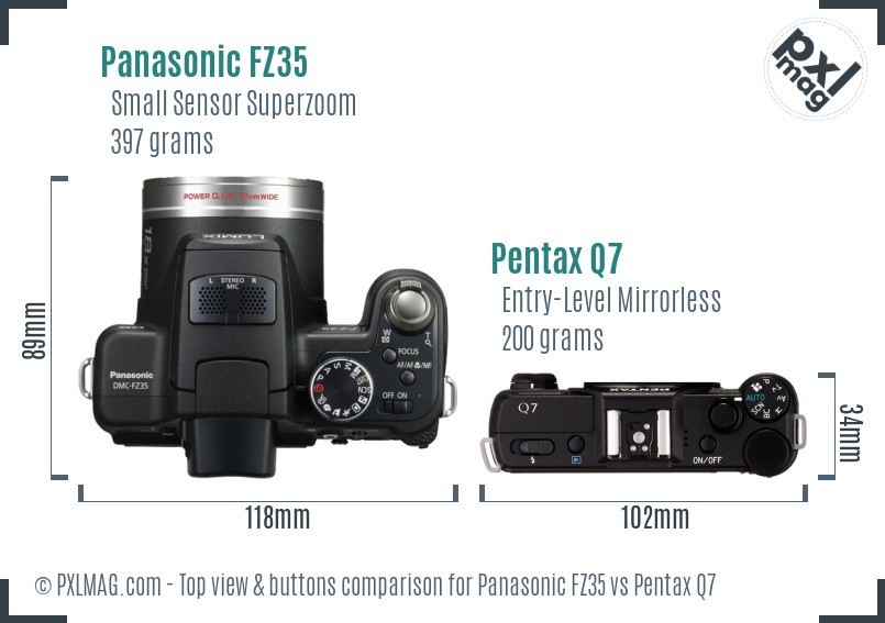Panasonic FZ35 vs Pentax Q7 top view buttons comparison