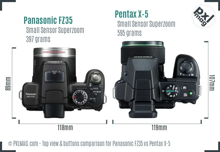 Panasonic FZ35 vs Pentax X-5 top view buttons comparison