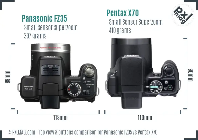 Panasonic FZ35 vs Pentax X70 top view buttons comparison
