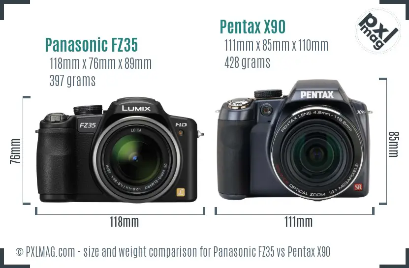 Panasonic FZ35 vs Pentax X90 size comparison Panasonic FZ35 vs Pentax X90 size comparison