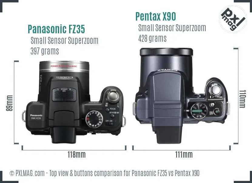 Panasonic FZ35 vs Pentax X90 top view buttons comparison Panasonic FZ35 vs Pentax X90 top view buttons comparison