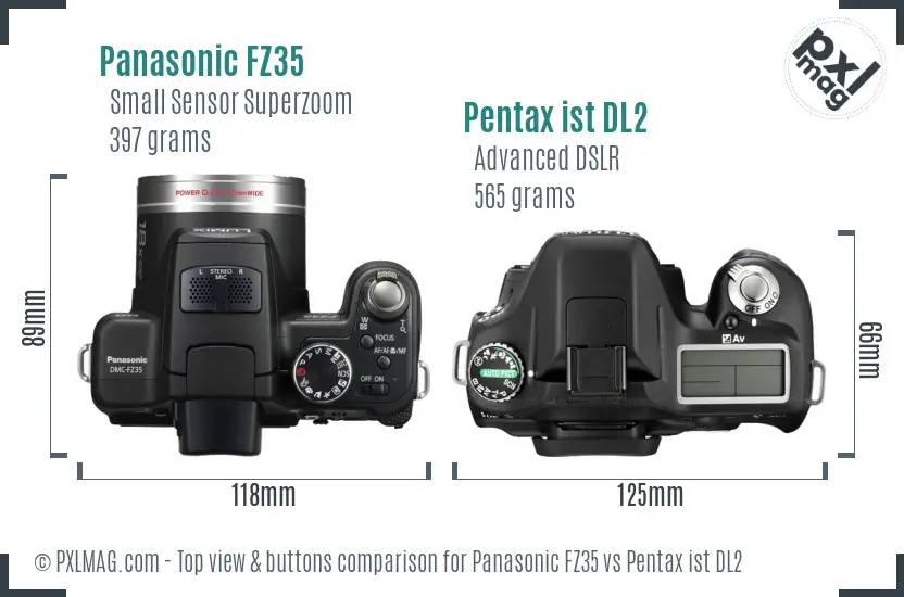 Panasonic FZ35 vs Pentax ist DL2 top view buttons comparison