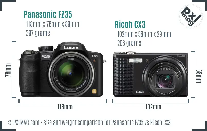 Panasonic FZ35 vs Ricoh CX3 size comparison